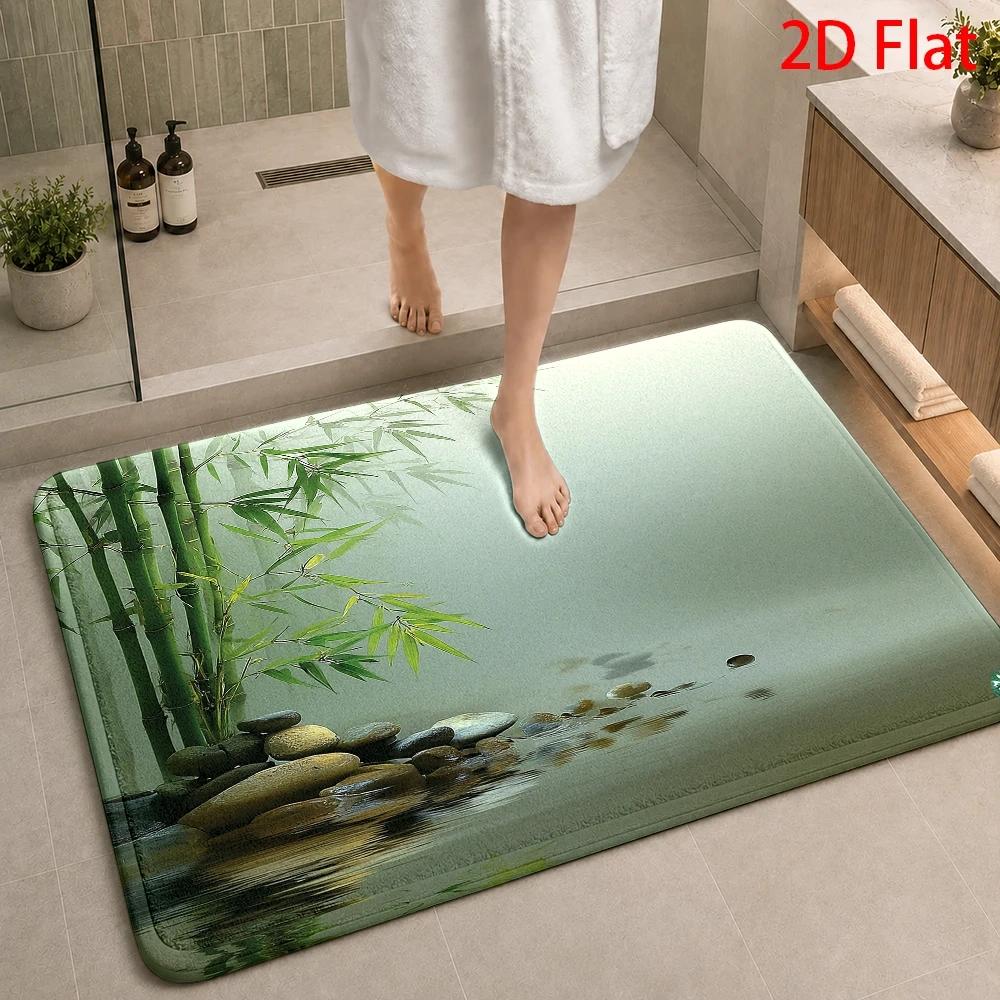 Bamboo Bath Mat - พรมเช็ดเท้ากันน้ำสำหรับห้องน้ำ ลายไม้ไผ่สไตล์เซน ผลิตจากโพลีเอสเตอร์ แห้งเร็ว ตกแต่งพื้นสำหรับใช้ในบ้าน